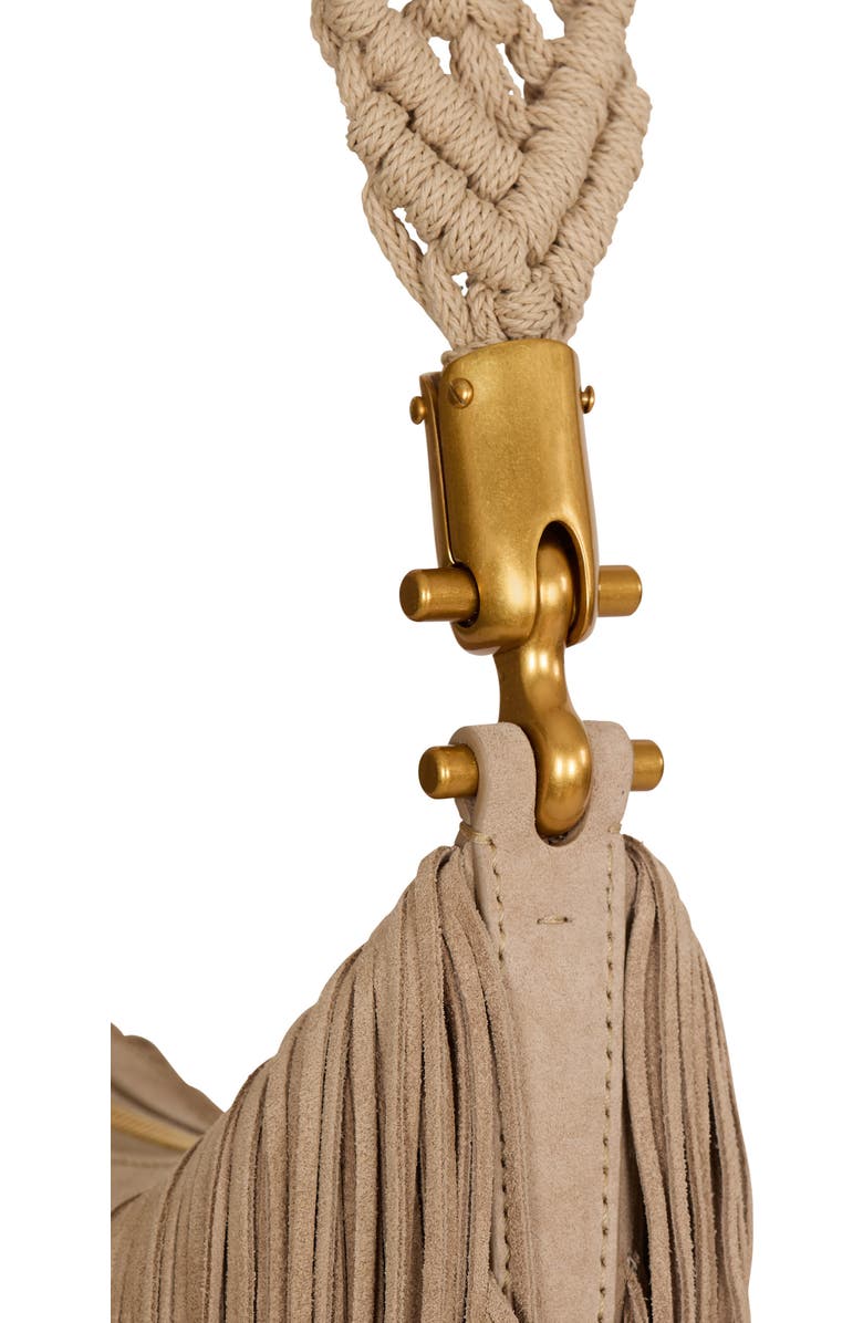 Balmain Ebene Hobo fringed suede bag, Alternate, color, Beige