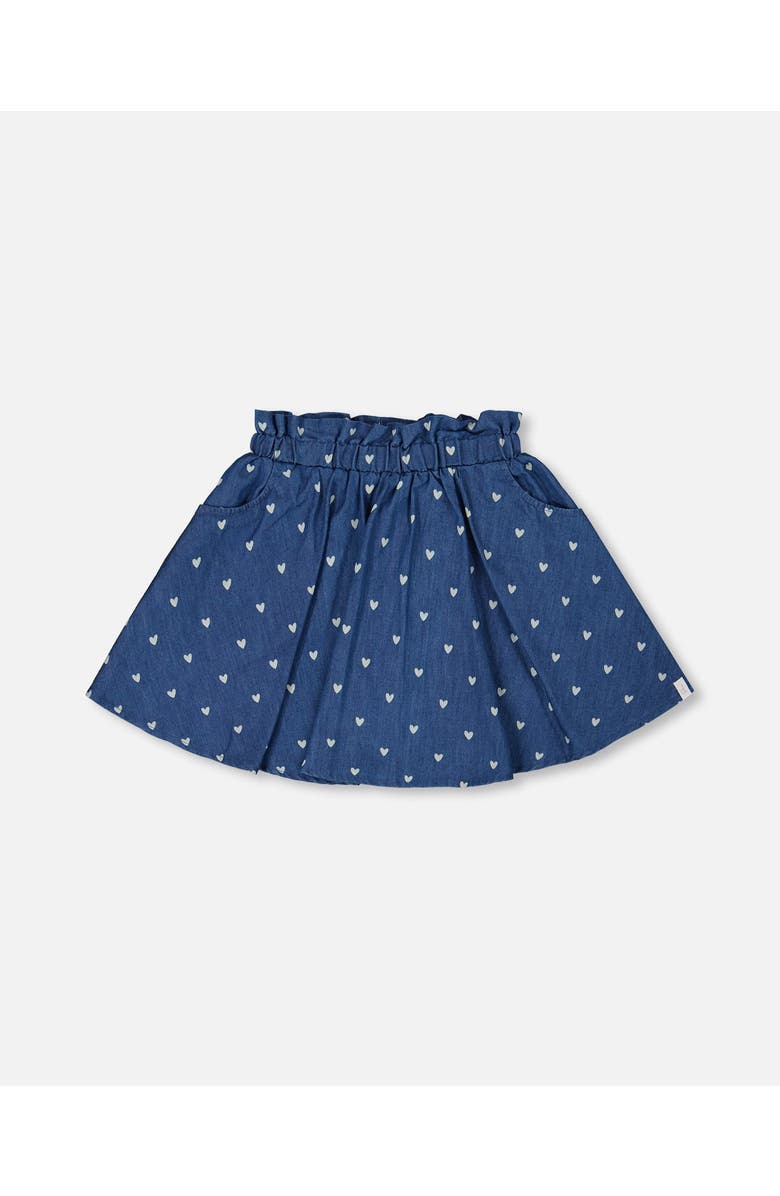 Deux par Deux Little Girl's Printed Chambray Skort Navy Blue And White Hearts, Main, color, Navy Blue And White Hearts