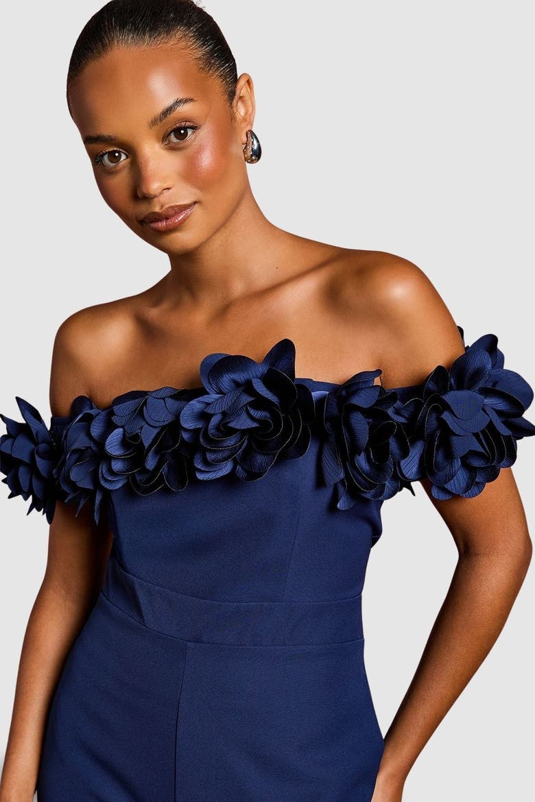 Petite 3D Flower Bardot Jumpsuit, Alternate, color, Navy