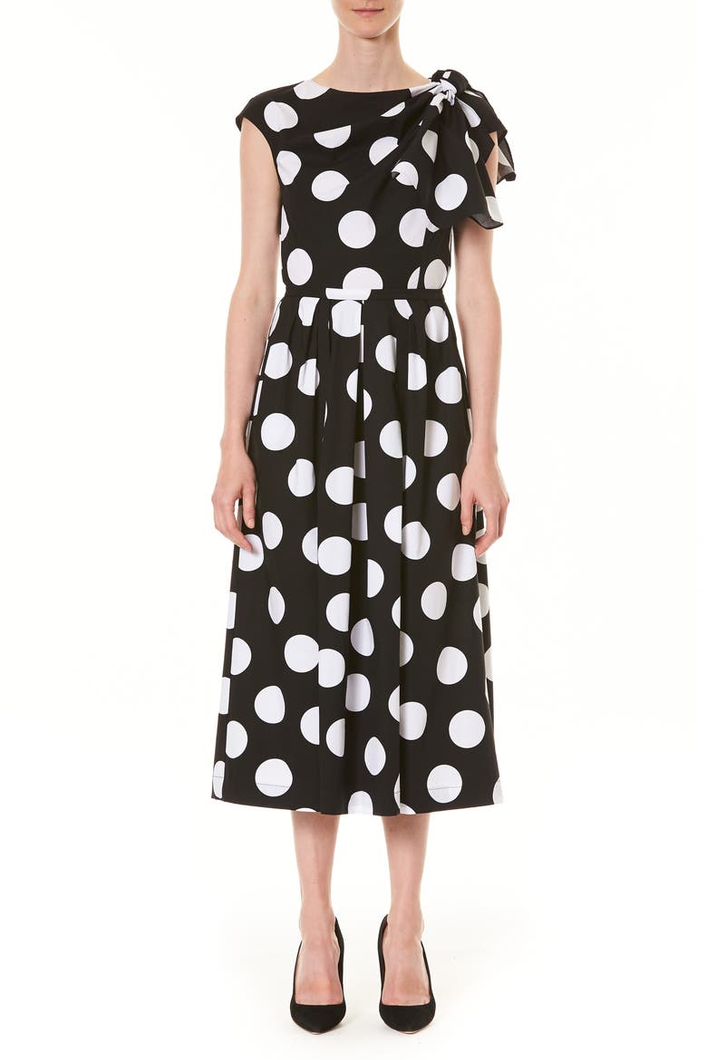 Polka Dot Knot Shoulder Midi Dress, Main, color, BLACK/ WHITE