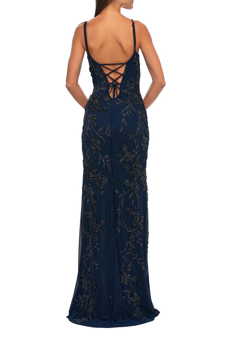 Beautiful Beaded Evening Gown with V Neckline and Open Back, Alternate, color, Navy