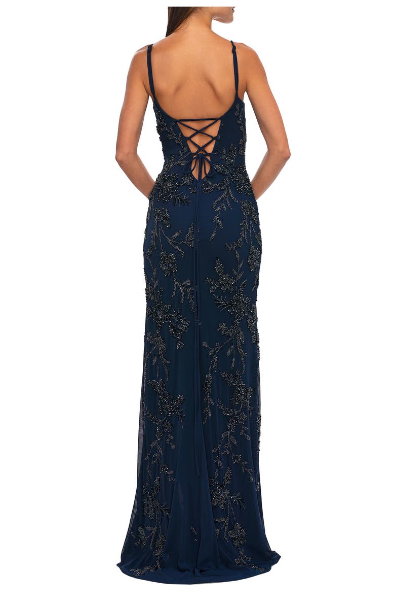 La Femme Beautiful Beaded Evening Gown with V Neckline and Open Back, Alternate, color, Navy