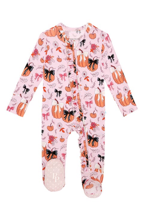 Pumpkin Print Ruffle Zip Footie (Baby)