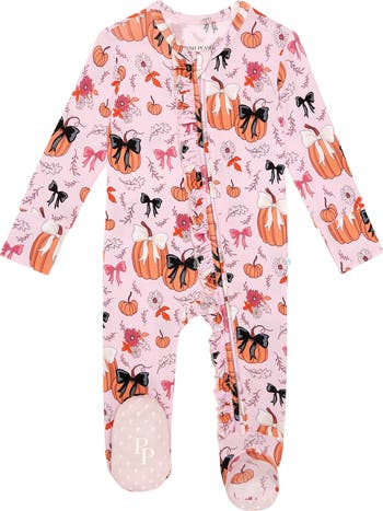 Pumpkin Print Ruffle Zip Footie