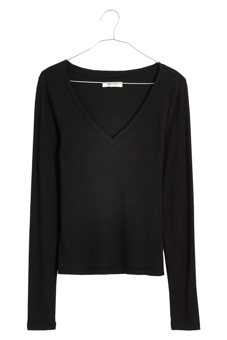 Long Sleeve V-Neck Rib Top, Main, color, TRUE BLACK