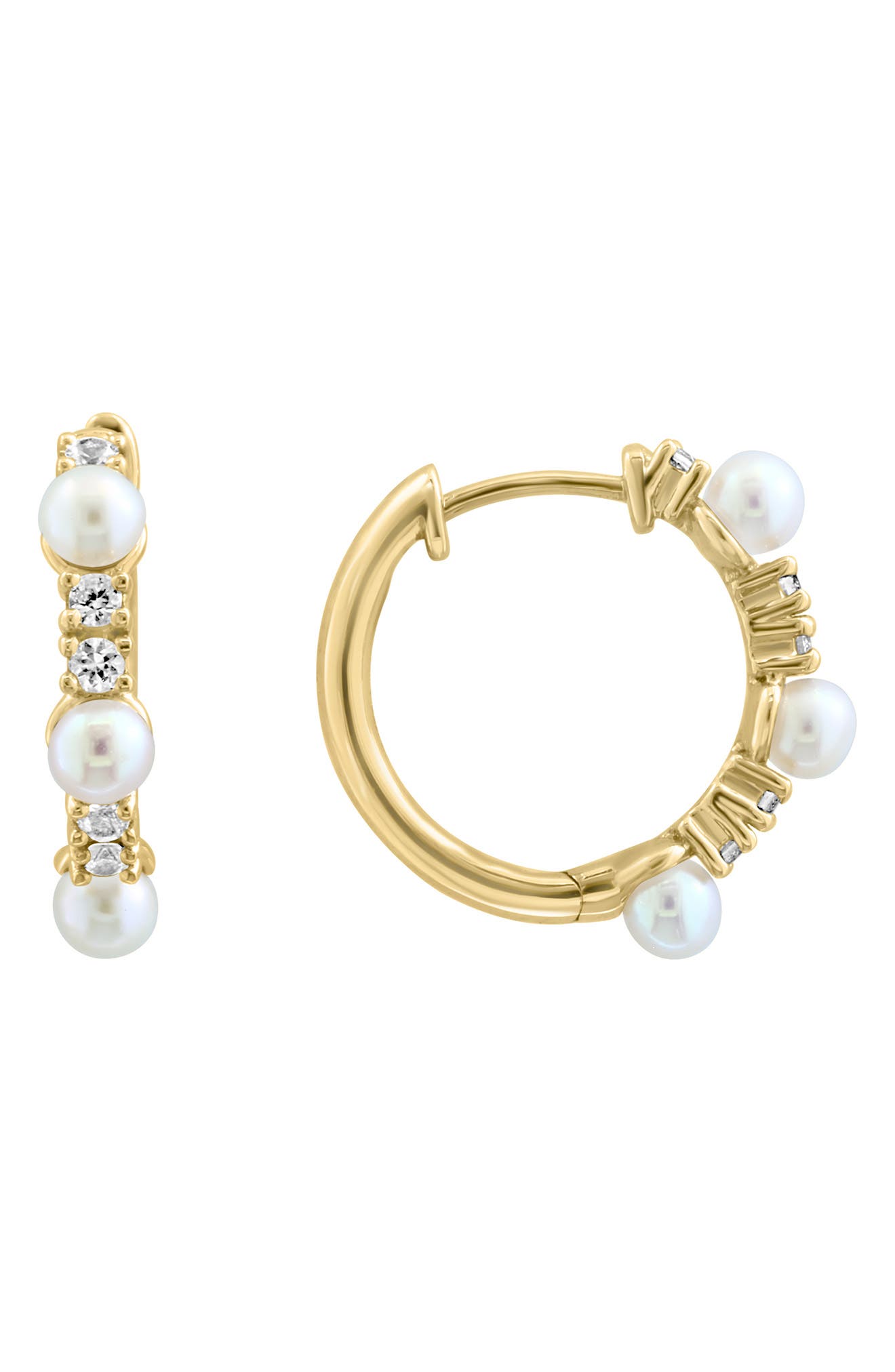 EFFY 14K Gold Freshwater Pearl & White Sapphire Hoop Earrings