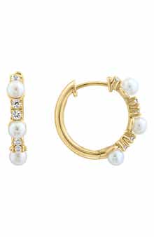EFFY 14K Gold Freshwater Pearl & White Sapphire Hoop Earrings