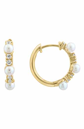 14K Gold Freshwater Pearl & White Sapphire Hoop Earrings
