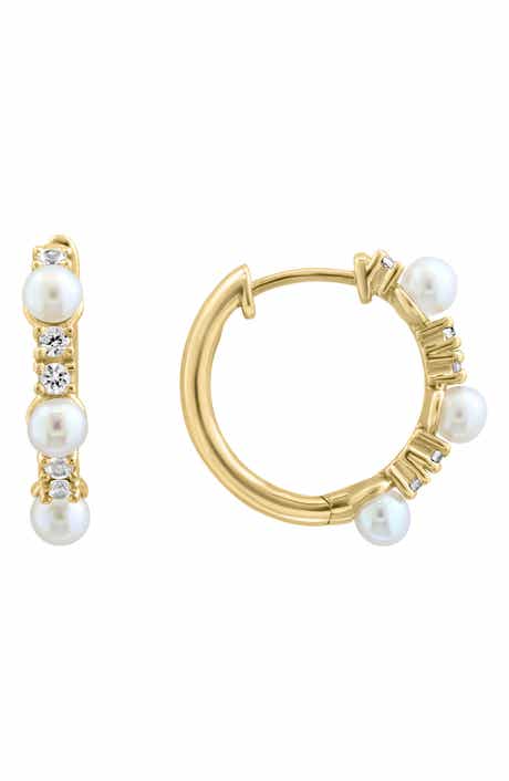 EFFY 14K Gold Freshwater Pearl & White Sapphire Hoop Earrings