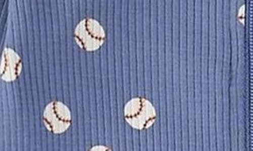 Firsts By Petit Lem Baseball Print Cotton Fitted One-piece Pajamas In Blue