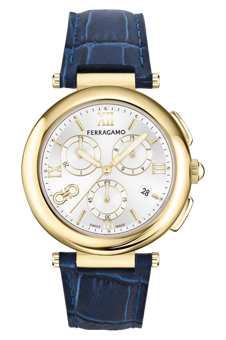 Croc-Embossed Leather Strap Chronograph Watch, 40mm, Main, color, IP GOLD