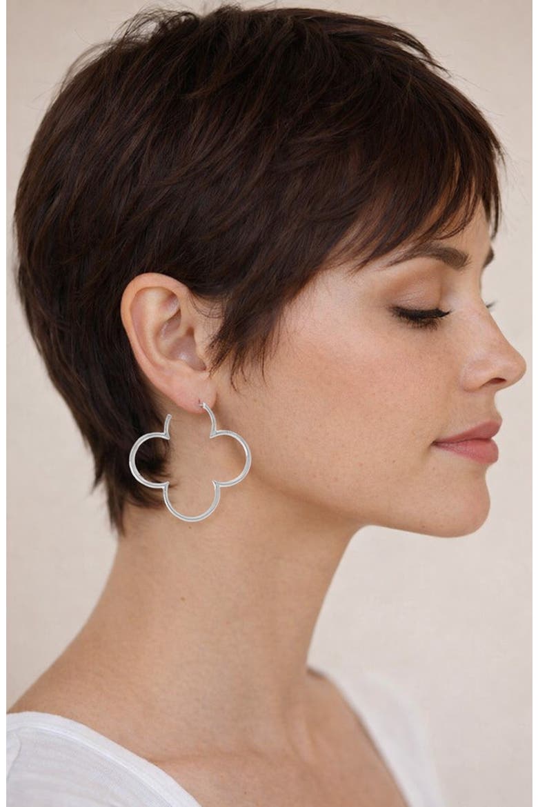 White Rhodium Plated Clover Hoop Earrings, Alternate, color, WHITE RHODIUM