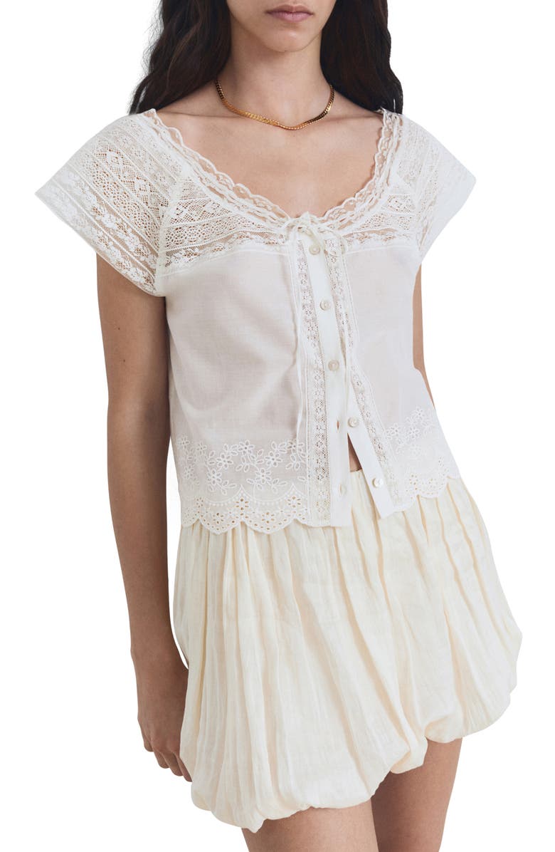 MANGO Lace Trim Cotton Button-Up Shirt, Main, color, Off White