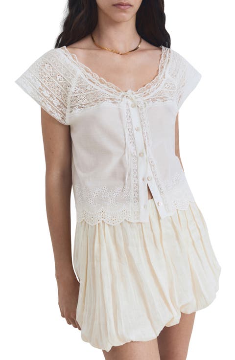 Lace Trim Cotton Button-Up Shirt