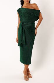 Petal & Pup Santiago Metallic Side Tie One-Shoulder Midi Dress