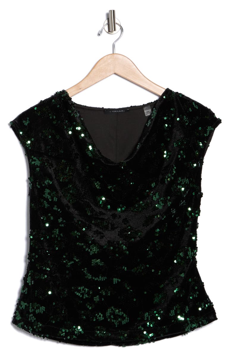T Tahari Cowl Neck Cap Sleeve Sequin Top, Alternate, color, Black/ Emerald Sequins