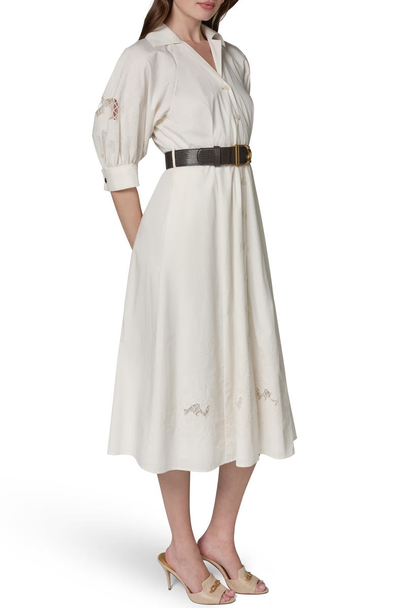 Donna Karan New York Embroidered Puff Sleeve Belted Cotton Shirtdress, Alternate, color, Cream/ Cream