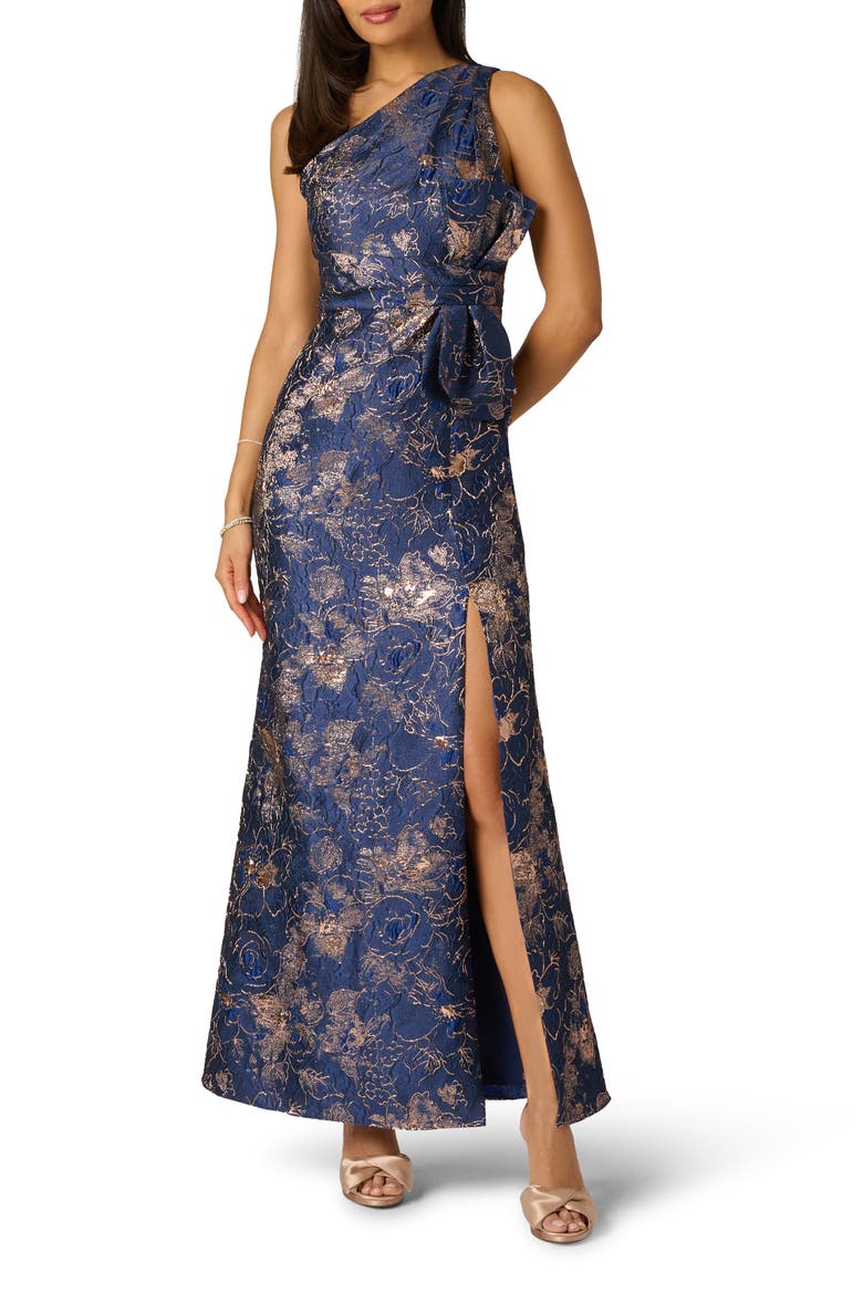 One-Shoulder Jacquard Gown, Main, color, NAVY/ ROSE GOLD