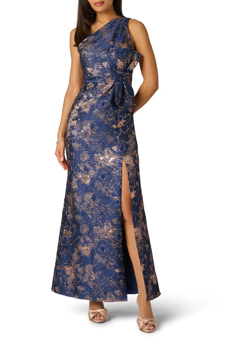 Adrianna Papell One-Shoulder Jacquard Gown, Main, color, Navy/ Rose Gold