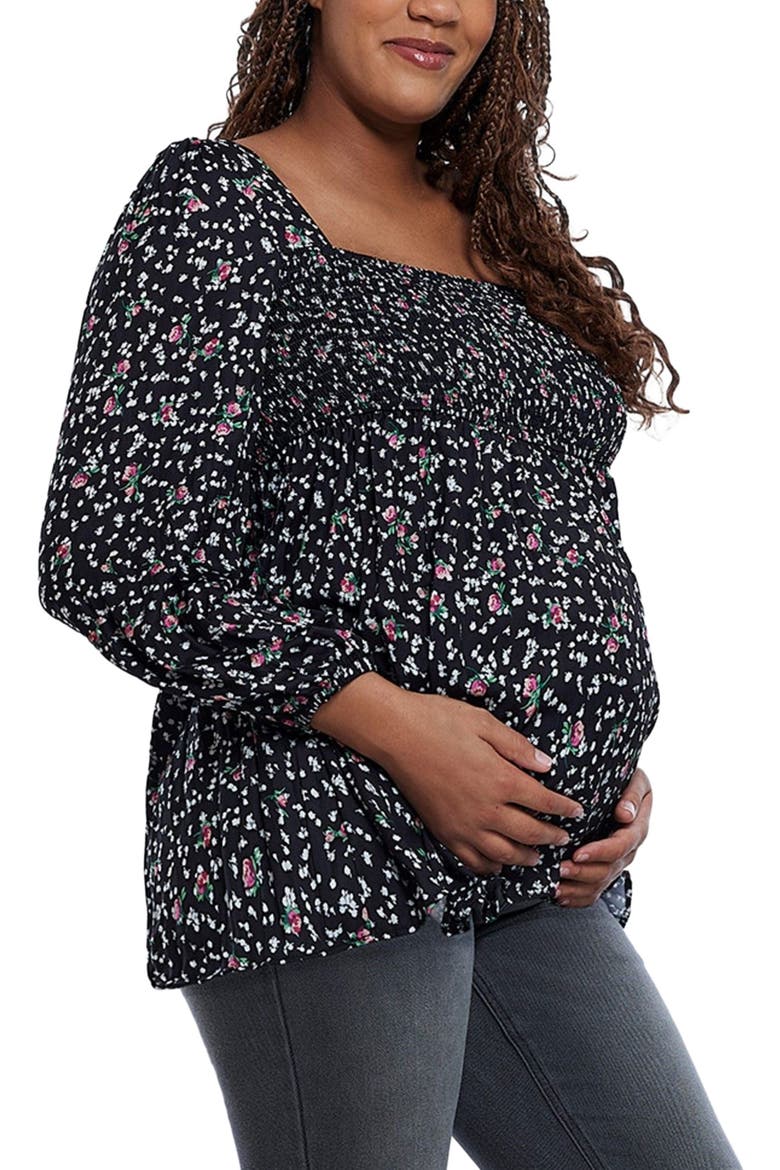 Smocked Square Neck Long Sleeve Babydoll Maternity Top, Alternate, color, Black Ditsy