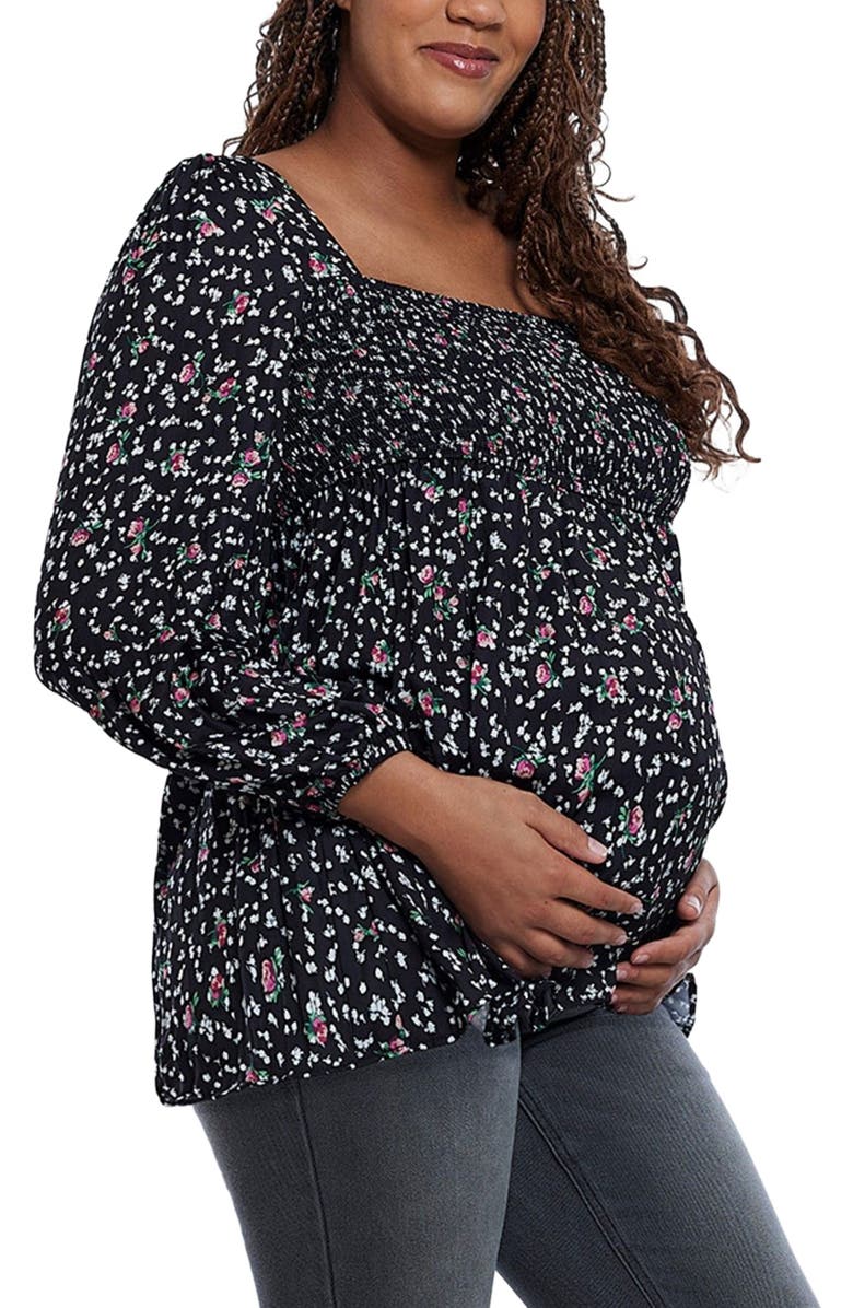 MOTHERHOOD MATERNITY Smocked Square Neck Long Sleeve Babydoll Maternity Top, Alternate, color, Black Ditsy