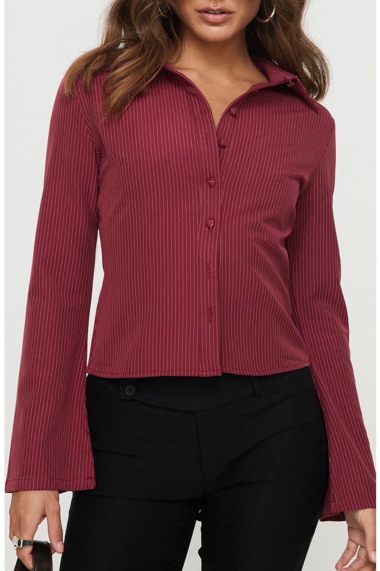 Anni Pinstripe Long Sleeve Button-Up Shirt, Main, color, RED