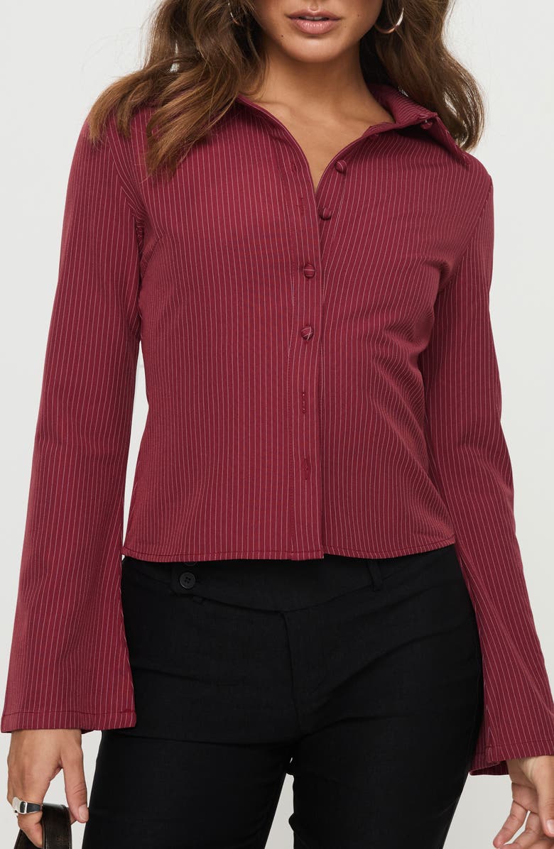 Princess Polly Anni Pinstripe Long Sleeve Button-Up Shirt, Main, color, Red