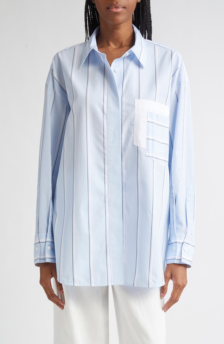 Lafayette 148 New York Amagansett Stripe Oversize Cotton Poplin Button-Up Shirt, Main, color, Oxford Blue Multi