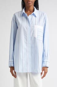 Lafayette 148 New York Amagansett Stripe Oversize Cotton Poplin Button-Up Shirt
