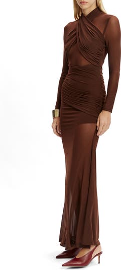 Marice Wrap Long Sleeve Mesh Maxi Dress