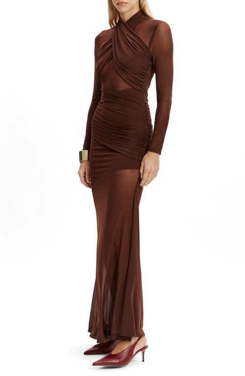 Bardot Marice Wrap Long Sleeve Mesh Maxi Dress In Brown