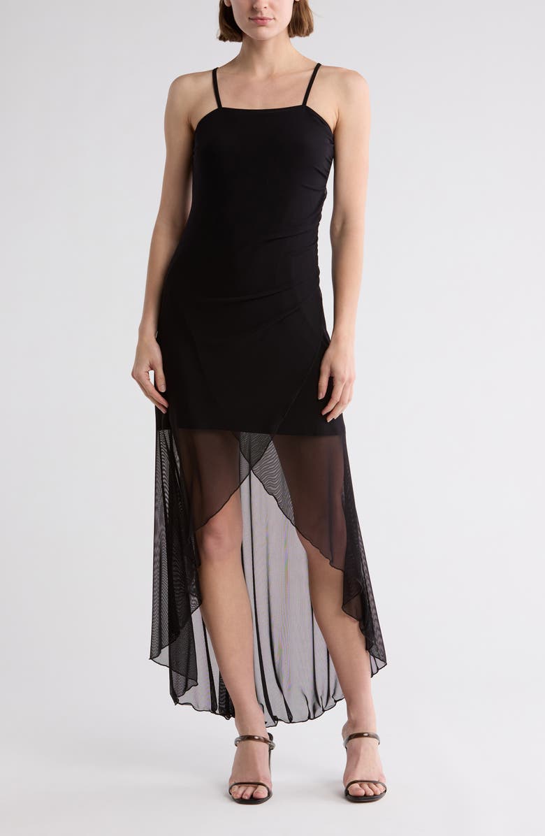 bebe High Low Mesh Dress, Main, color, Black
