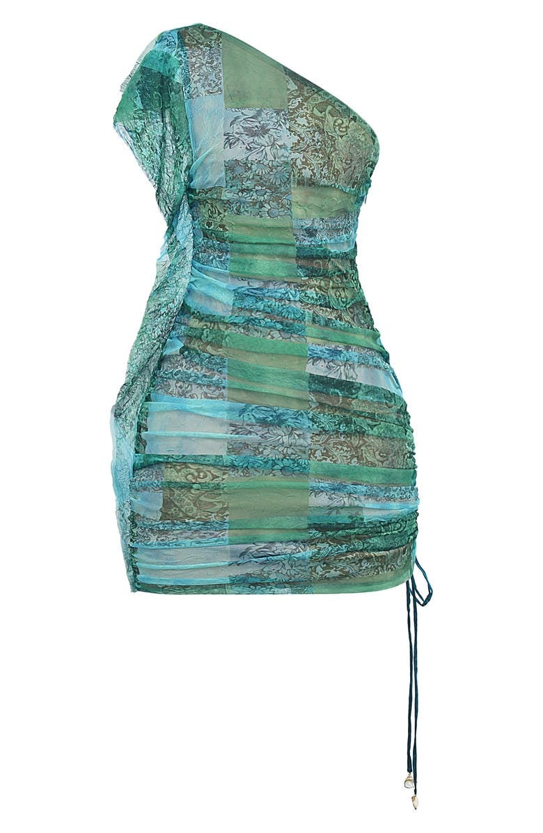 Mistress Rocks Ruched Asymmetric Patchwork Panel Ruffle Minidress, Alternate, color, Ocean Teal Print