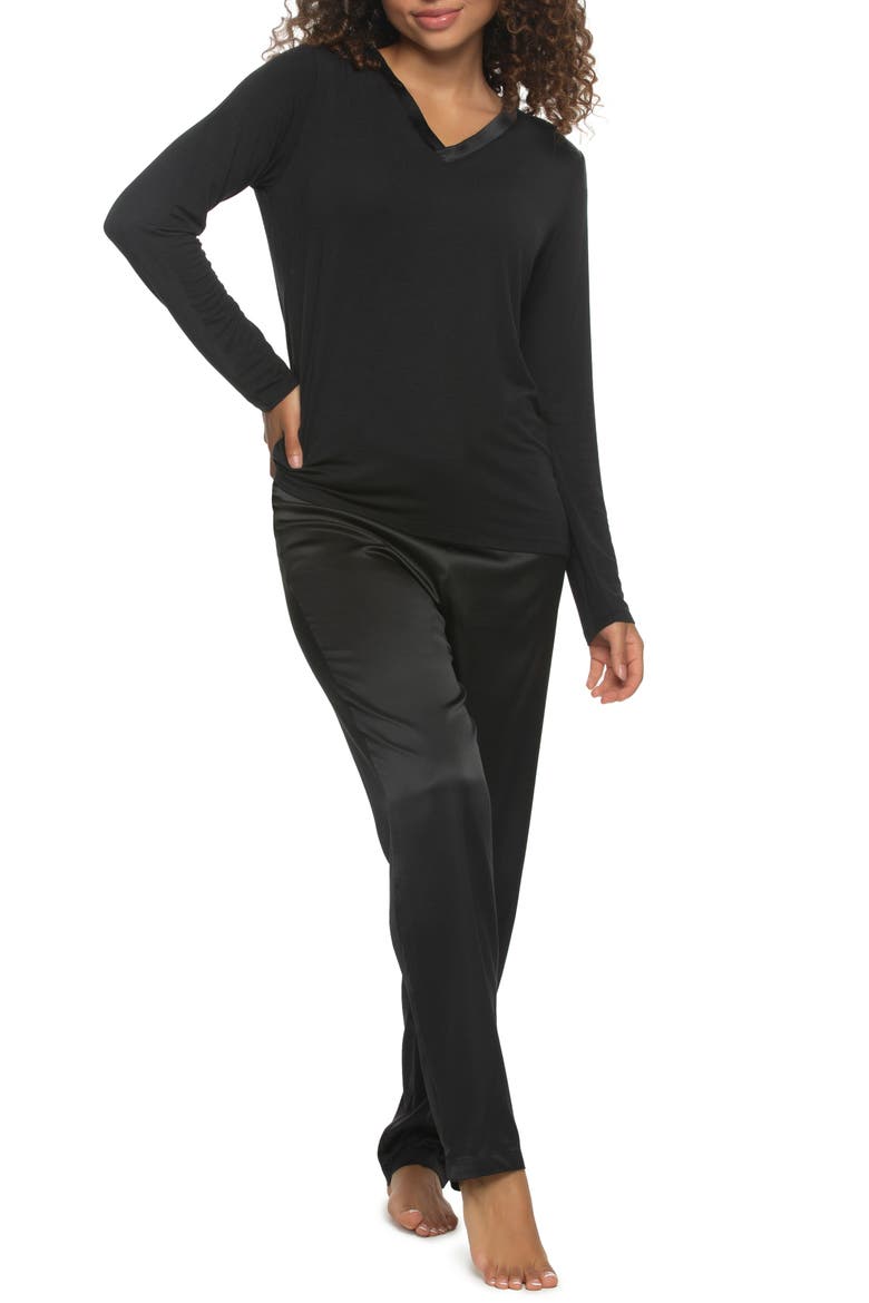 Elysees Satin & Jersey Pajamas, Main, color, BLACK