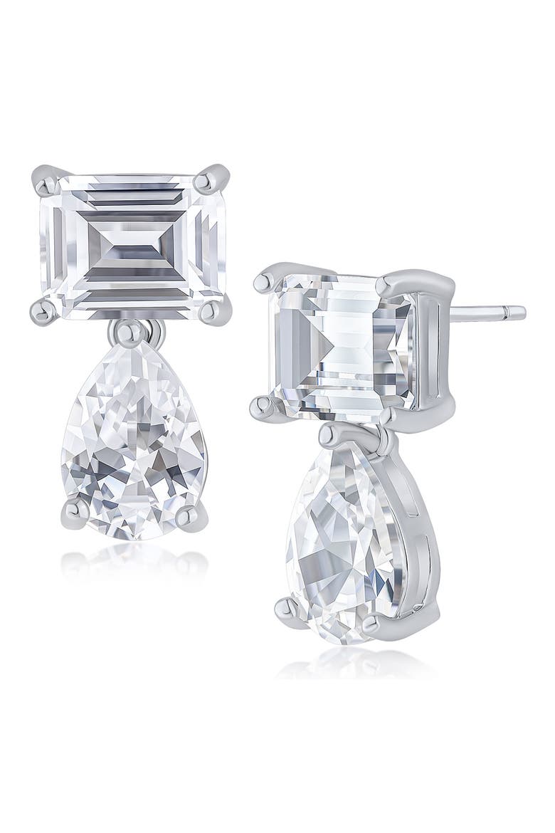 Pear & Emerald-Cut Cubic Zirconia Drop Earrings, Main, color, RHODIUM PLATED BRASS
