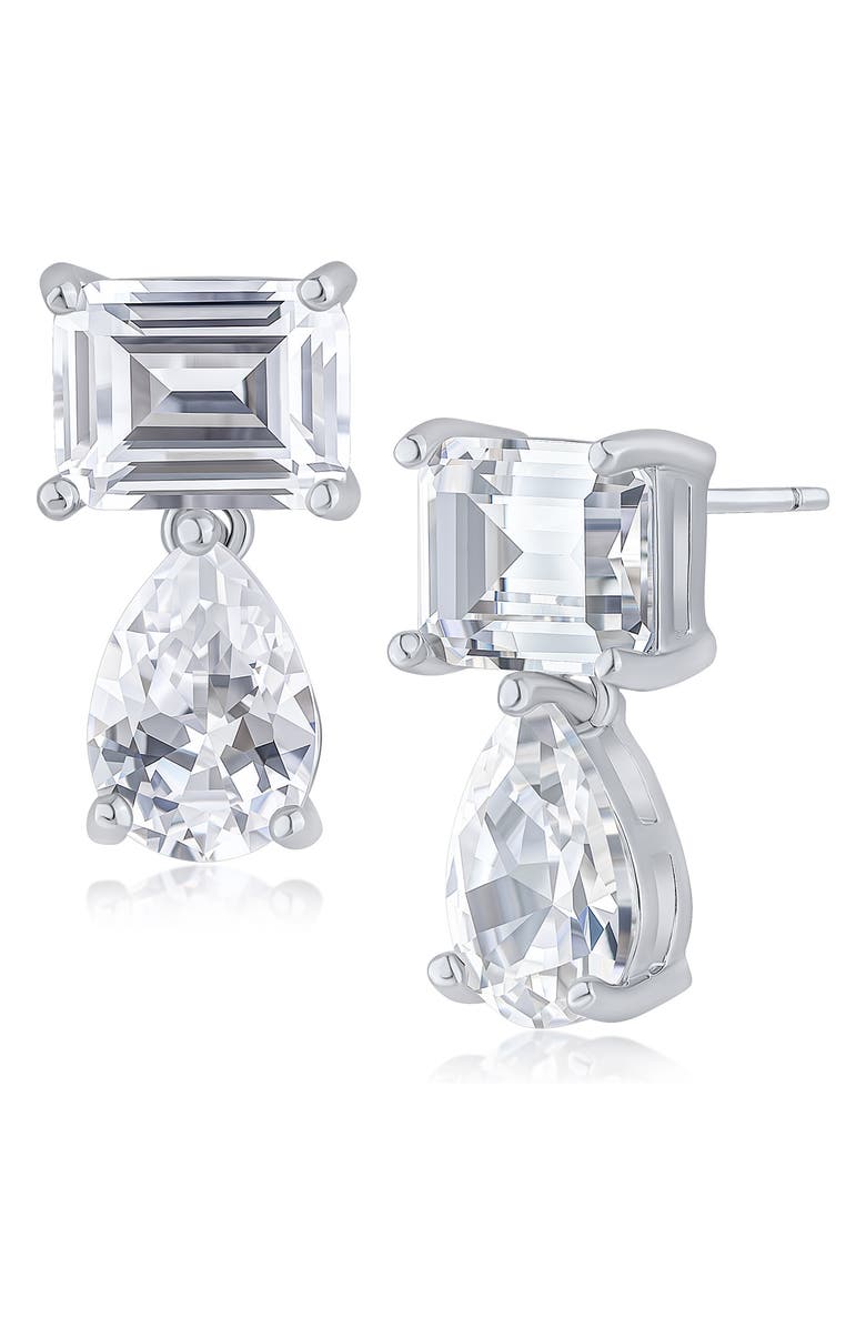 CZ by Kenneth Jay Lane Pear & Emerald-Cut Cubic Zirconia Drop Earrings, Main, color, Rhodium Plated Brass
