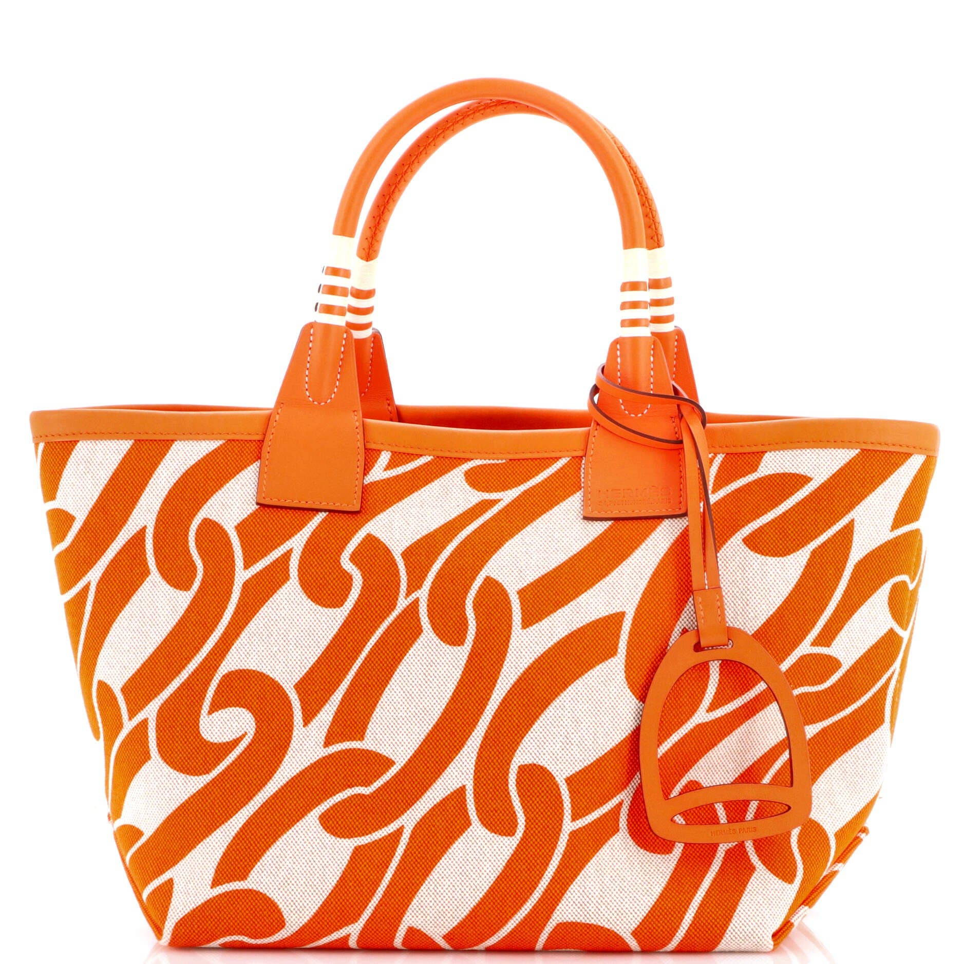 Pre-Owned Hermes Sac Steeple Tote Printed Toile with Leather 25, Main, color, Orange Minium