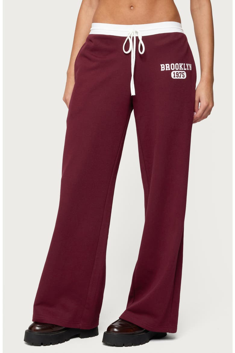 Brookie Contrast Waist Logo Wide Leg Sweatpants, Main, color, BURGUNDY