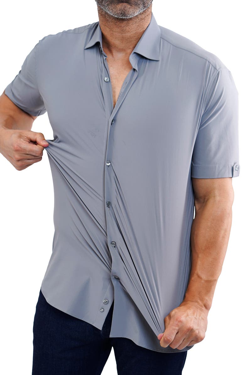 Maceoo Galileo Grey Stretchcore Short Sleeve Cotton Blend Button-Up Shirt, Alternate, color, 