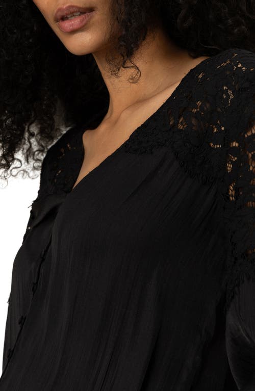 Sanctuary Falling Forward Lace Detail Crinkle Sateen Button-up Shirt In Black