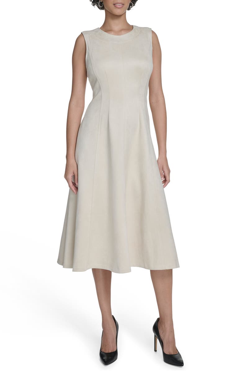 Calvin Klein Faux Suede Midi A-Line Dress, Main, color, Cream