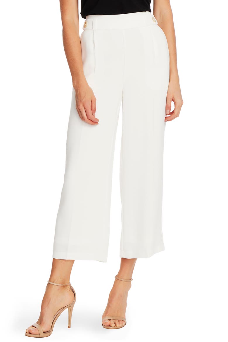 Button Detail Crop Wide Leg Crepe Trousers, Main, color, SOFT ECRU