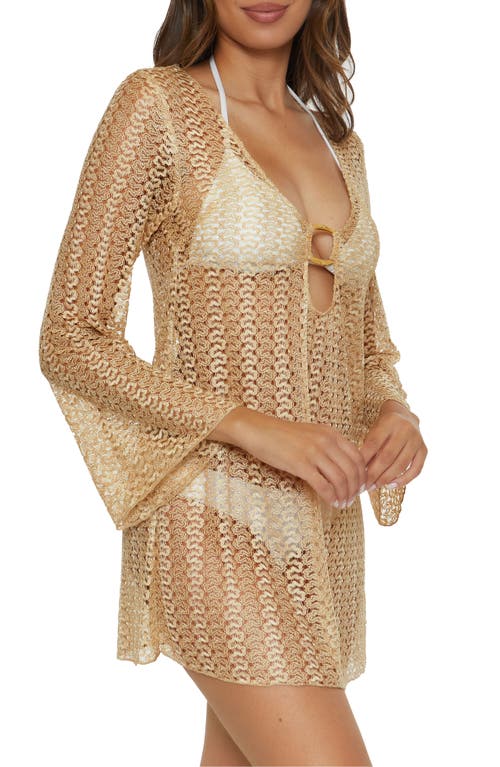 Becca Metallic Long Sleeve Sheer Cover-up Dress In Brown