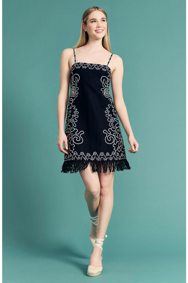 Embroidered Fringe Trim Sleeveless Minidress, Alternate, color, BLACK/ CREAM