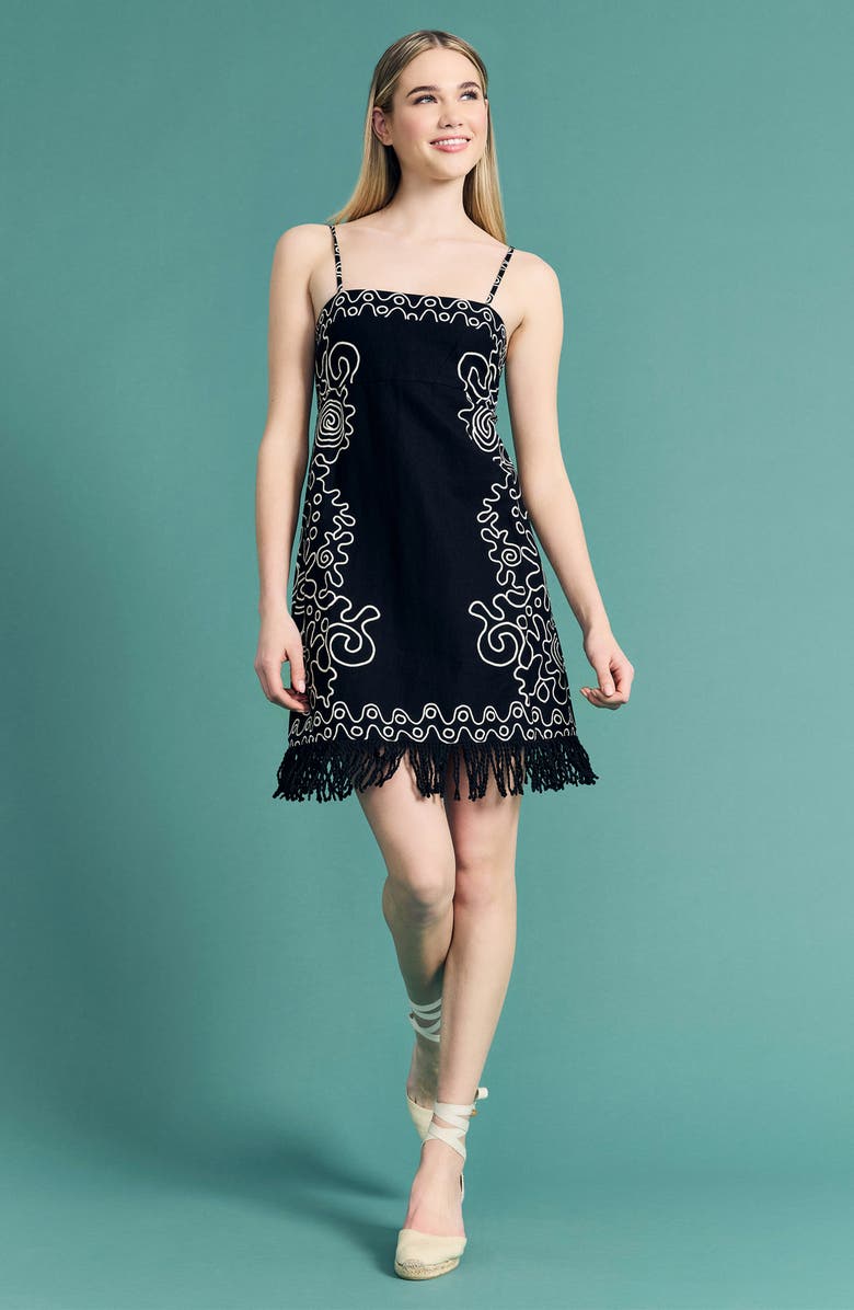 The Good Journey Embroidered Fringe Trim Sleeveless Minidress, Alternate, color, Black/ Cream