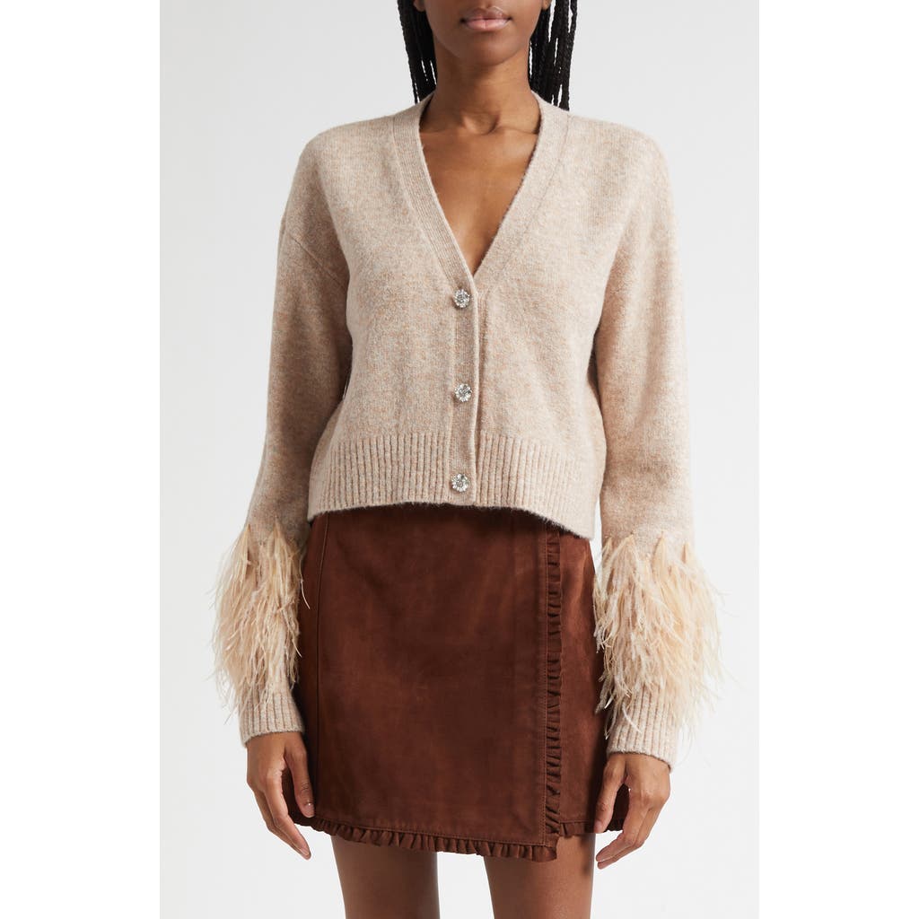 Cinq À Sept Briana Feather Trim Cardigan In Neutral