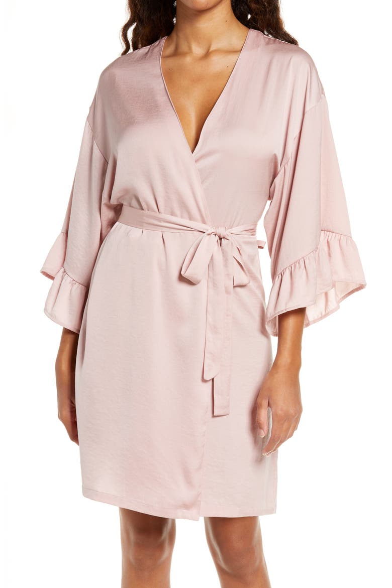 Ruffle Trim Satin Robe, Main, color, PINK PUFF