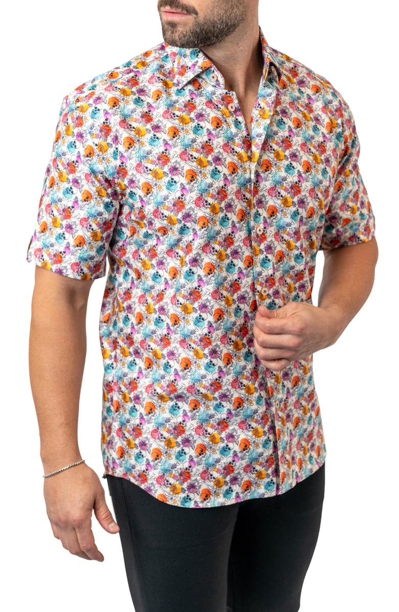 Maceoo Galileo Floral Skull 12 White Contemporary Fit Short Sleeve Button-Up Shirt, Alternate, color, White
