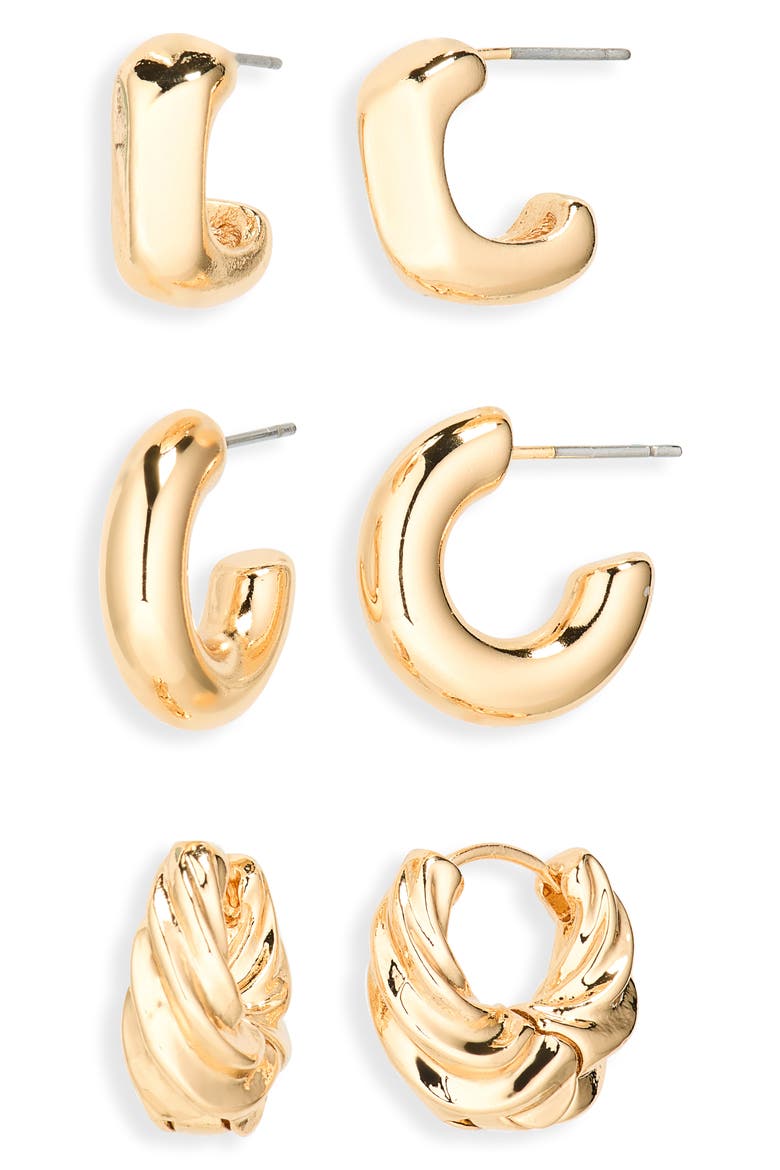 Set of 3 Sculpted Hoop Earrings, Main, color, GOLD