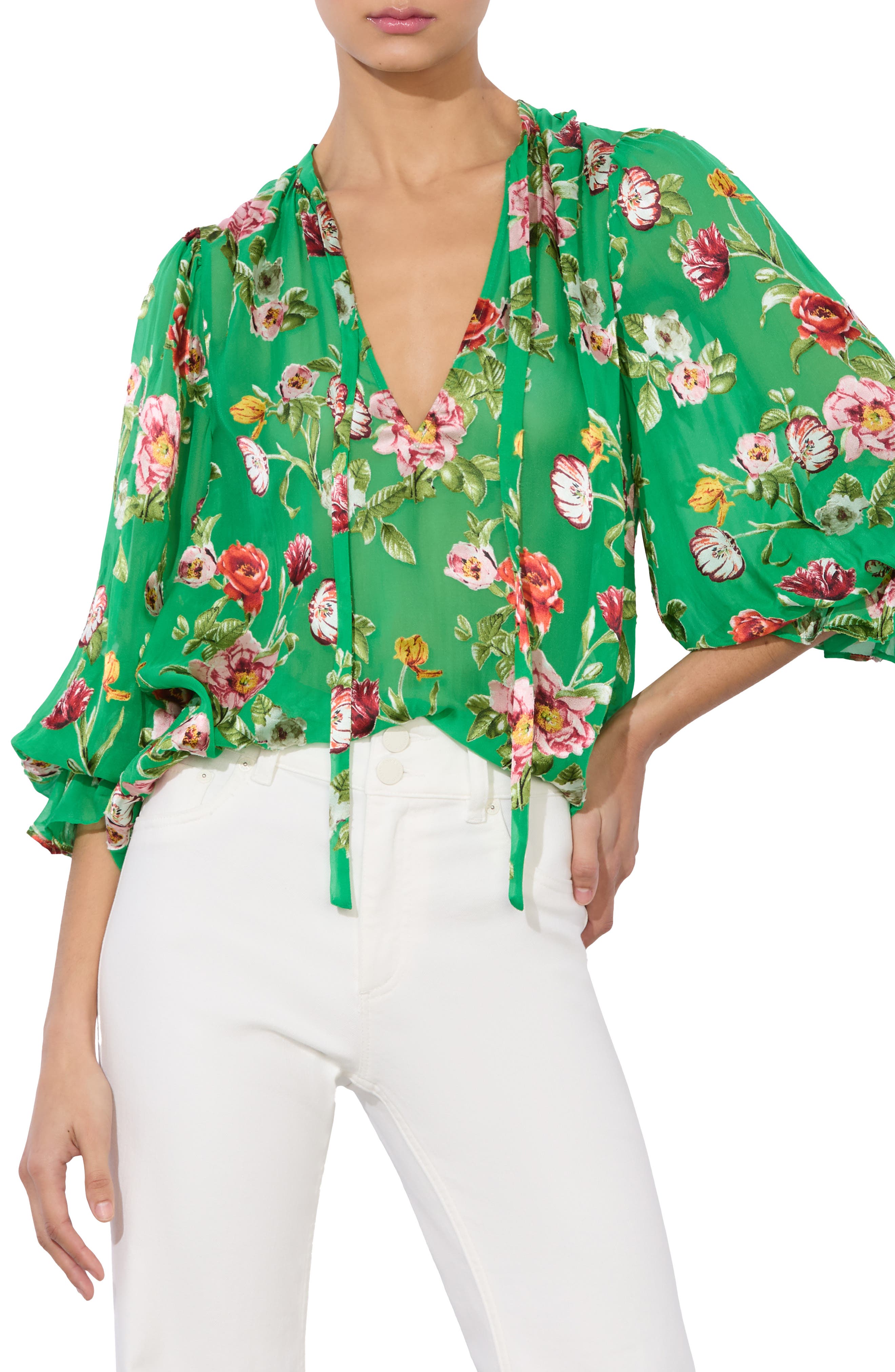 Alice + Olivia Moranne Floral Print Tie Neck Top